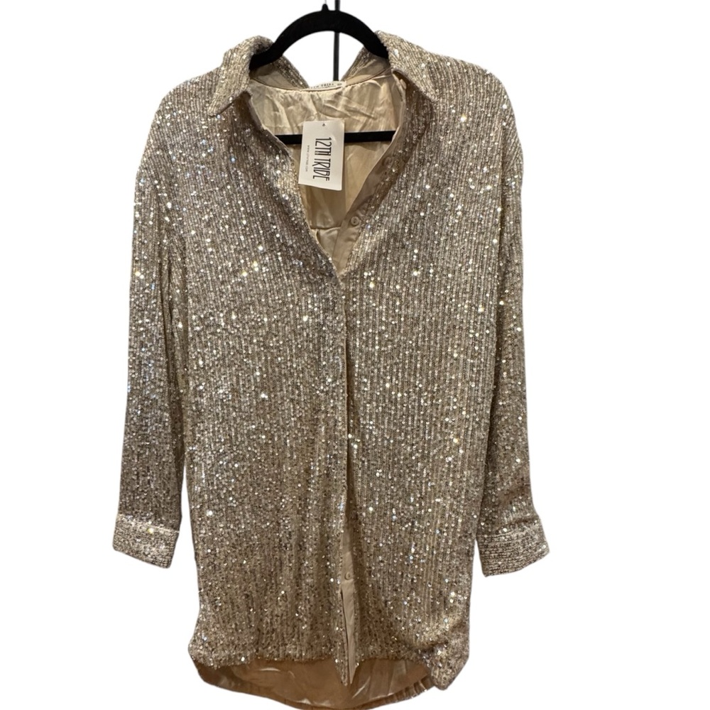 12th Tribe - Encore Champagne Sequin Mini Button Up Dress - NWT